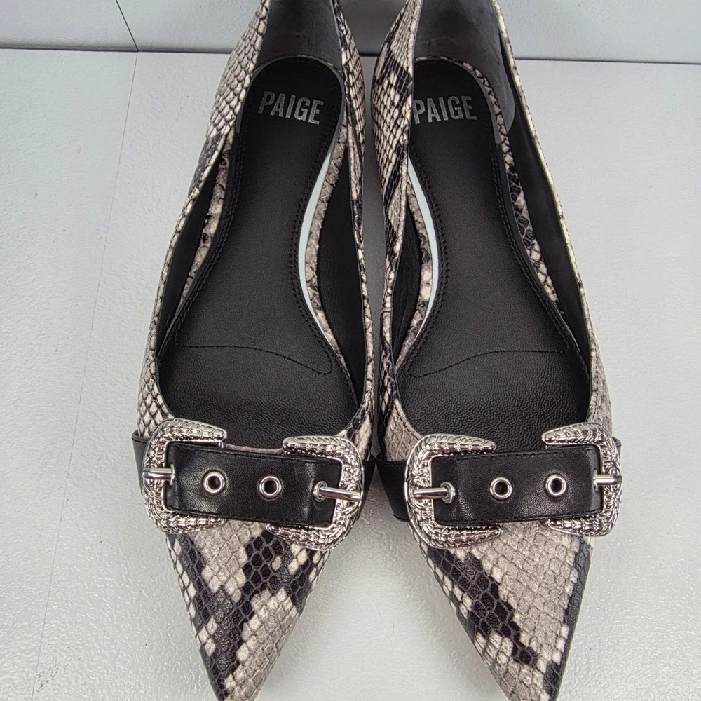 Paige Womens Snakeskin Pointed‎ Toe Alisa Flats Silver Western Buckle Grey Black